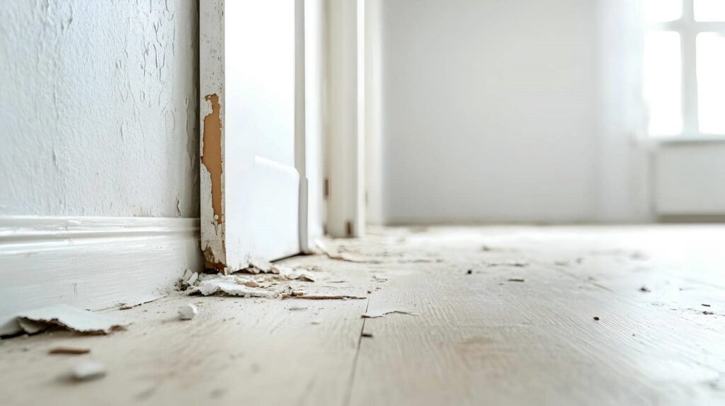 Peeling paint and damaged baseboard near a door on a wooden floor in a bright room.