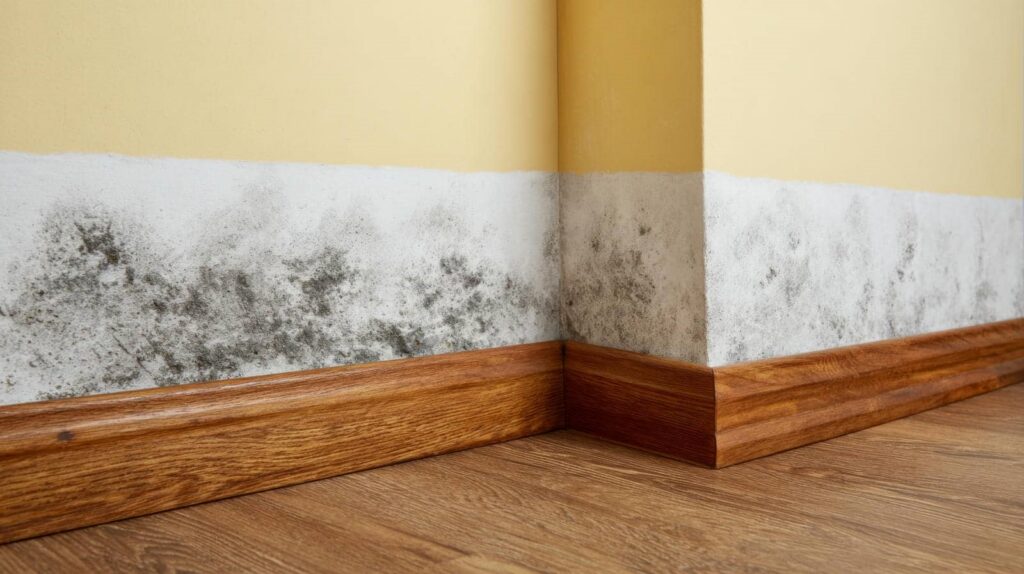 Black mold growth on the lower part of yellow walls near wooden baseboards in a corner.