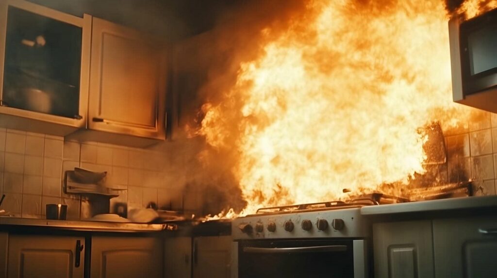 Kitchen stove engulfed in large flames causing a fire.