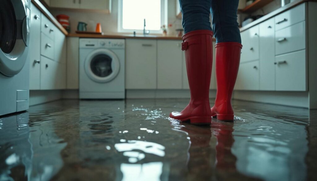 Person wearing red rain boots standing in a flooded kitchen with water covering the floor.