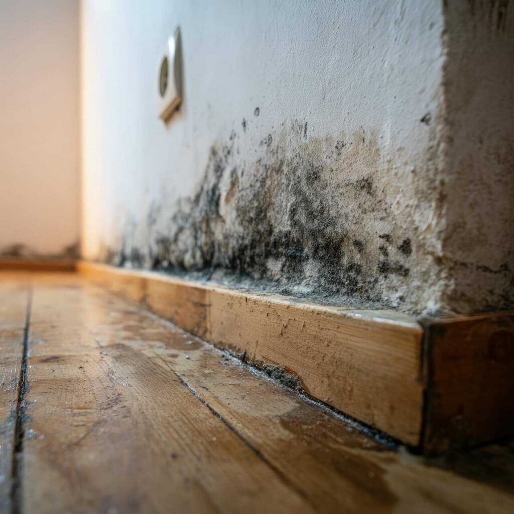 Black mold growing on a white wall near a wooden floor and baseboard.