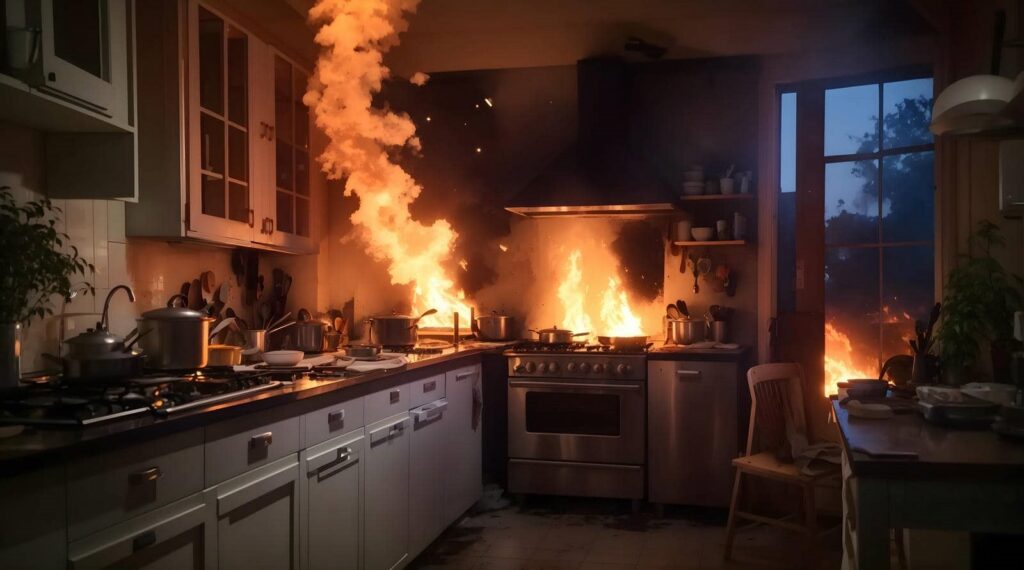 Kitchen stove and countertop engulfed in flames with fire visible outside a glass door.