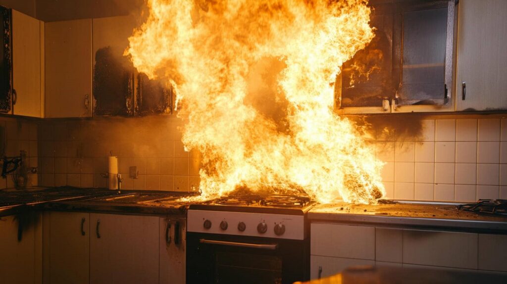 Kitchen stove engulfed in large flames with surrounding cabinets scorched and damaged.