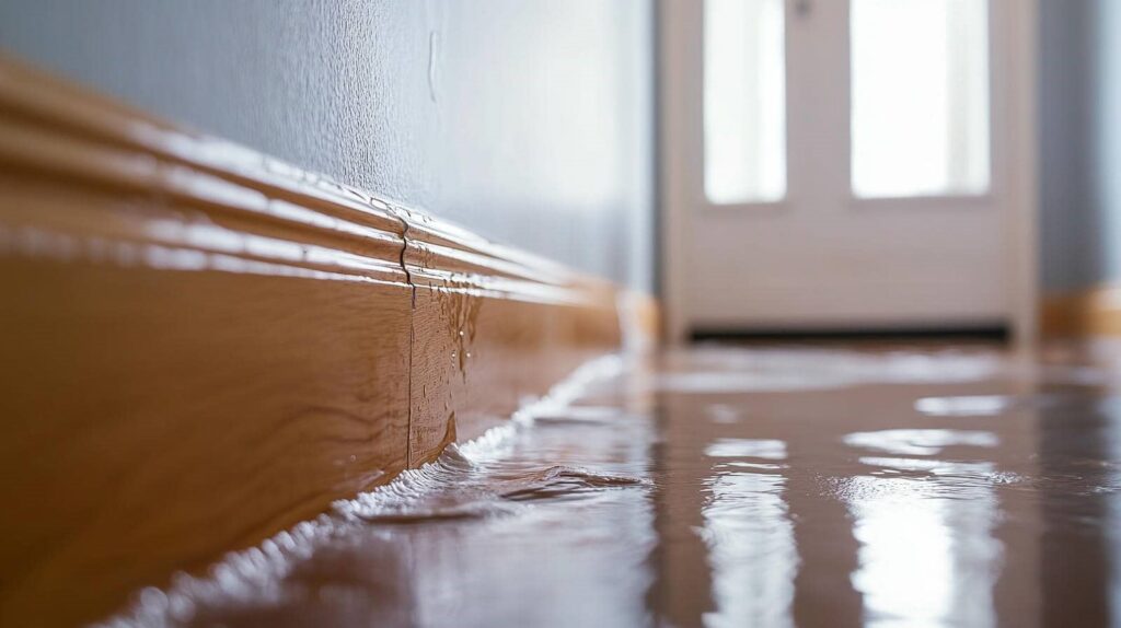 Water flooding a hallway floor near a wooden baseboard and a closed door.