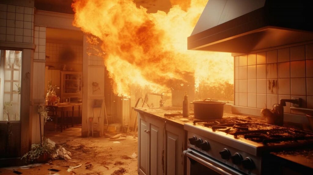 Kitchen stove engulfed in large flames with smoke and debris scattered on the floor.