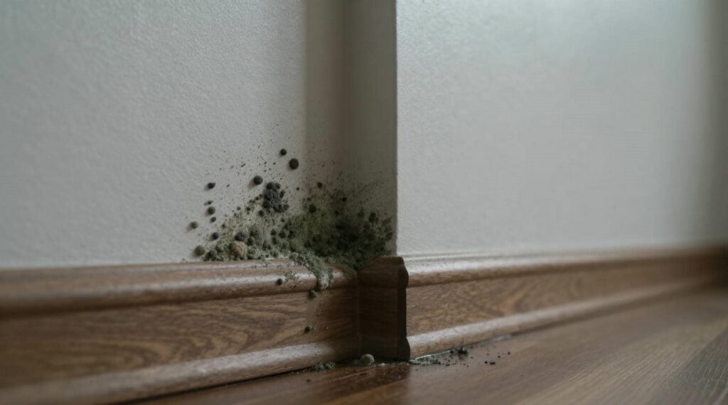 Mold growth spreading on a white wall corner above wooden baseboard.