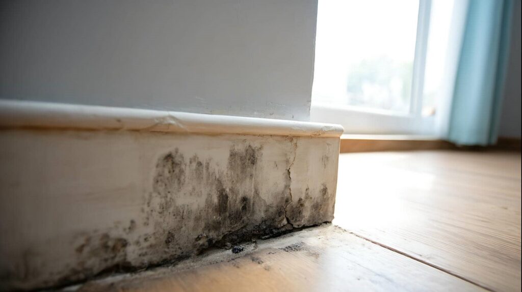 Black mold growth on a white baseboard near a wooden floor and window.