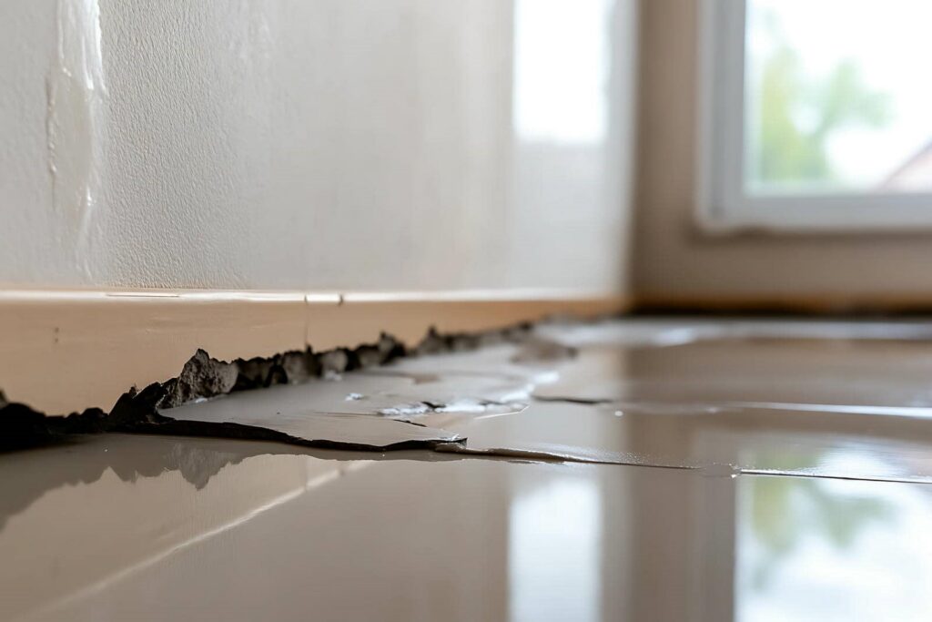 Water-damaged floor tiles lifting and peeling near a wall with visible moisture.