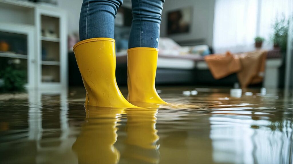 Person wearing yellow rain boots standing in a flooded room with water covering the floor.
