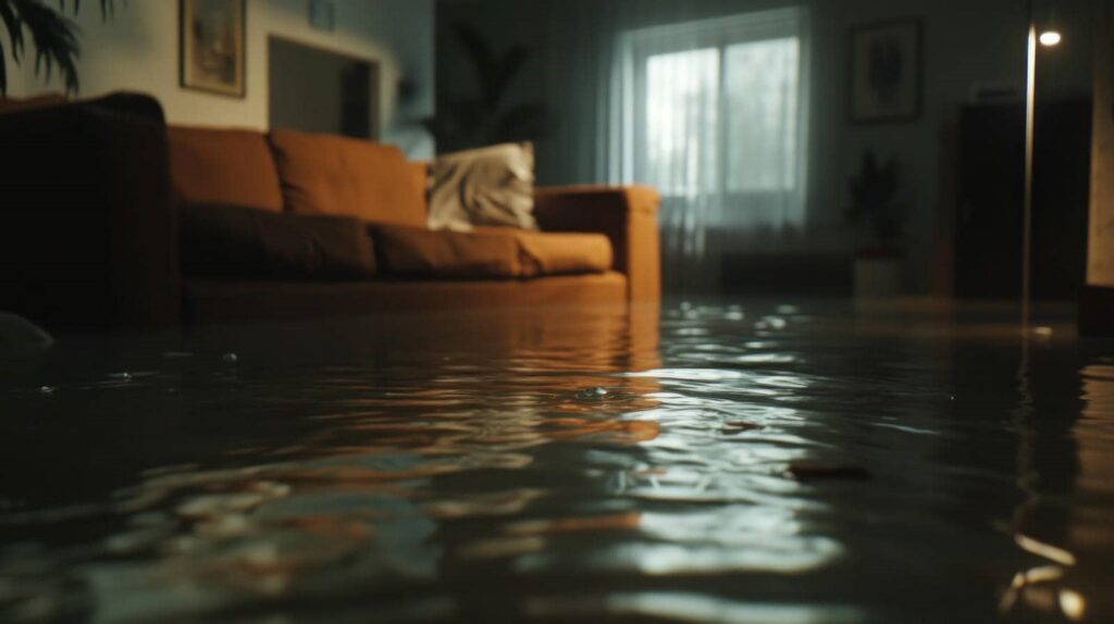 Living room floor flooded with water near a brown sofa and window.