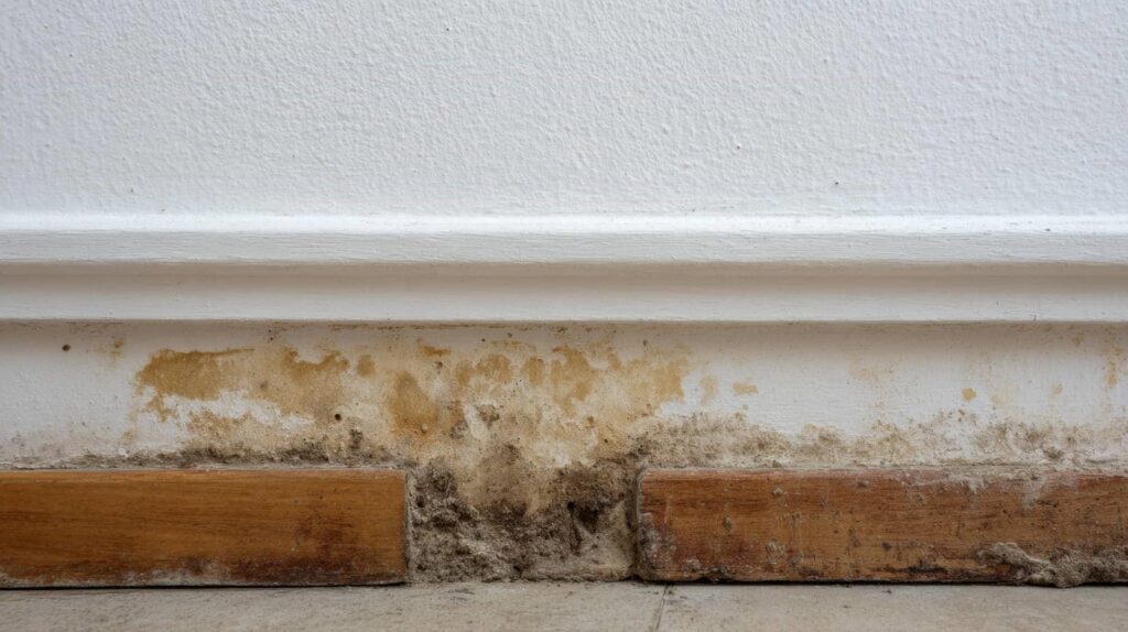 Mold and water damage on the lower part of a white wall above a wooden baseboard.