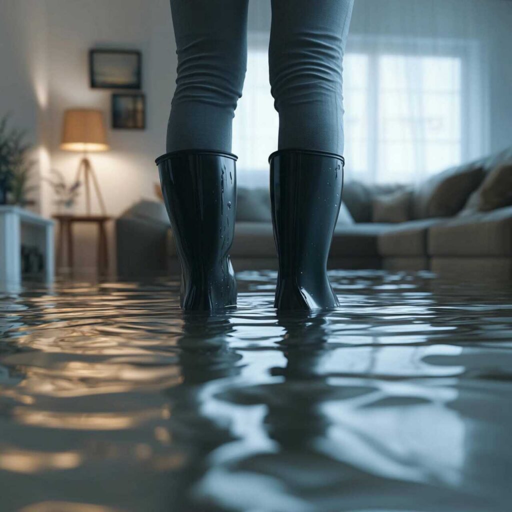 Person wearing black rain boots standing in a flooded living room with water covering the floor.