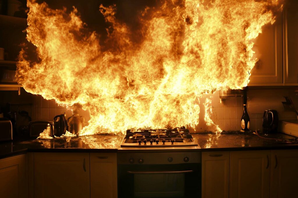 Large fire engulfing a kitchen stove and countertop with flames spreading upward.