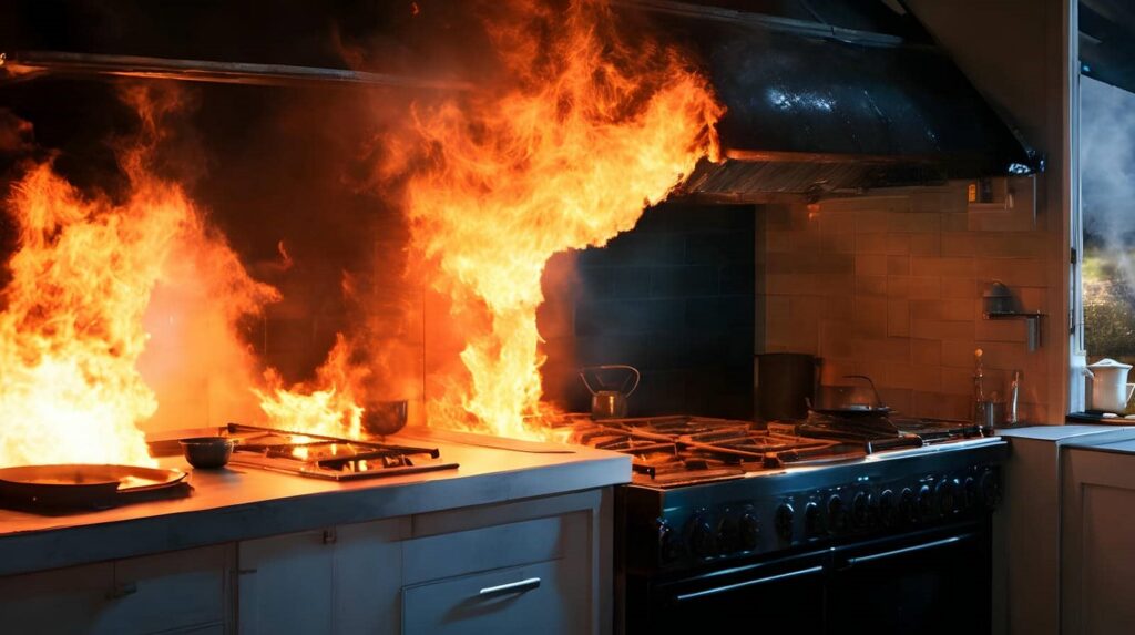 Large flames engulf a kitchen stove and countertop in a fire.