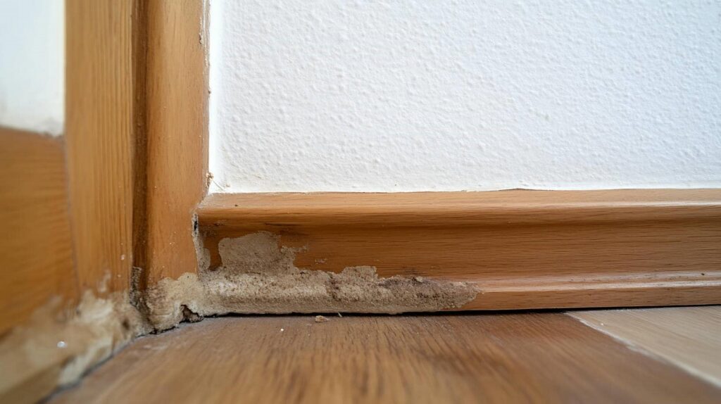 Wooden baseboard with visible water damage and mold near the floor corner.