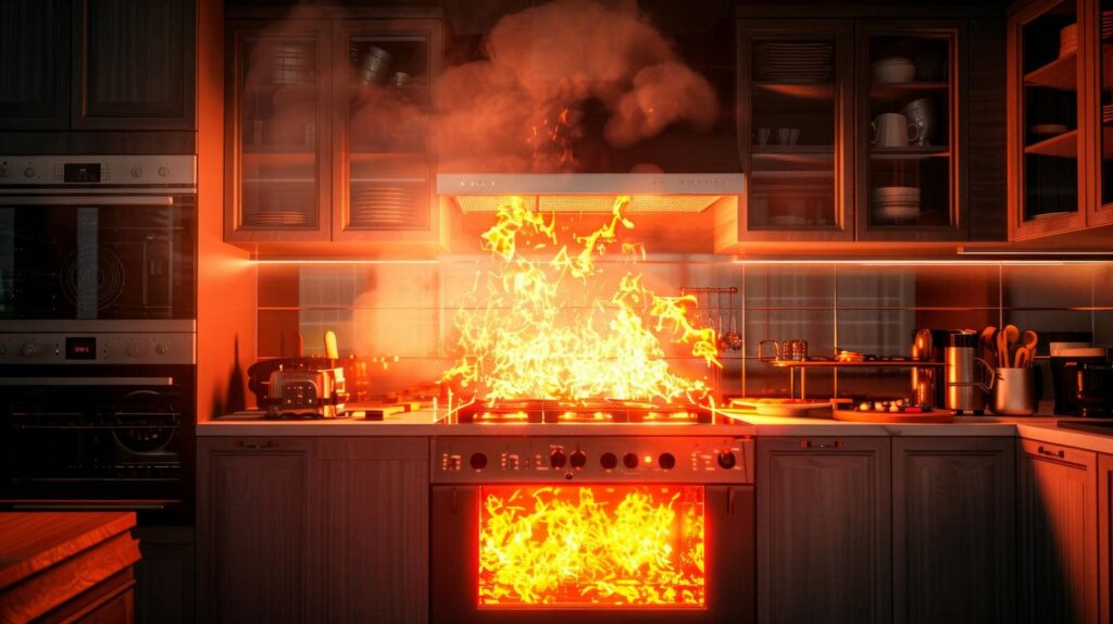 Kitchen stove engulfed in large flames and smoke.