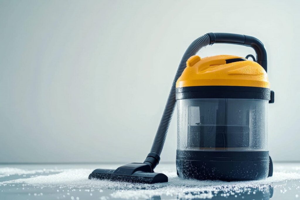 Wet-dry vacuum cleaner with yellow top and black hose on a surface scattered with white granules.