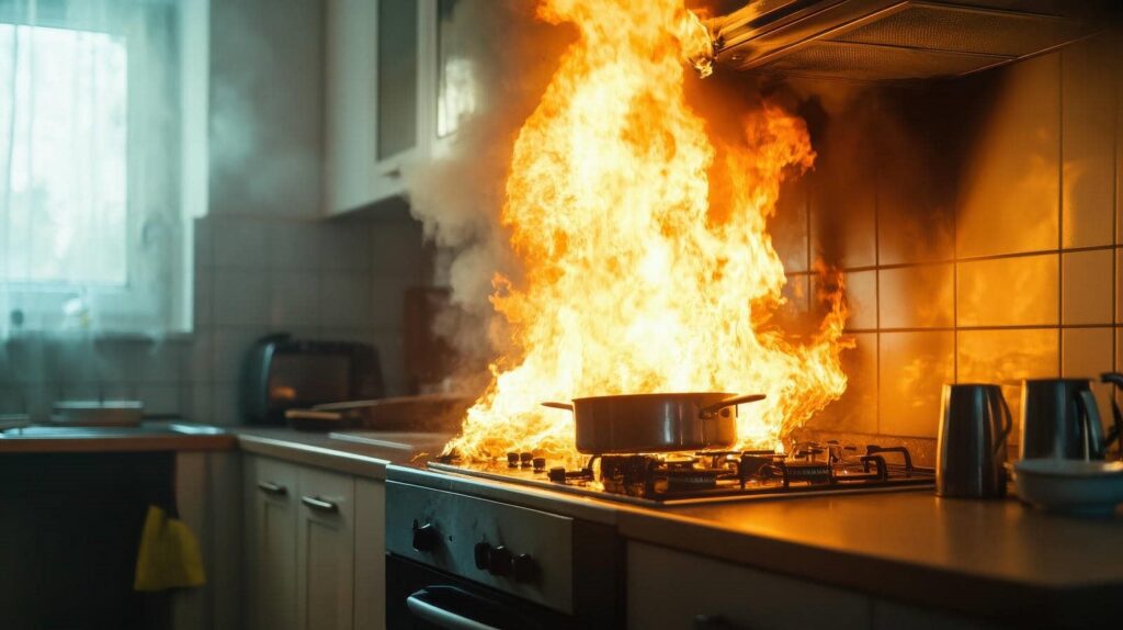 Large flames engulf a pot on a kitchen stove, causing a fire with smoke rising.