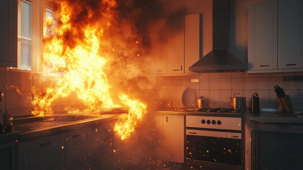 Kitchen stove fire with large flames and smoke spreading near the window and cabinets.