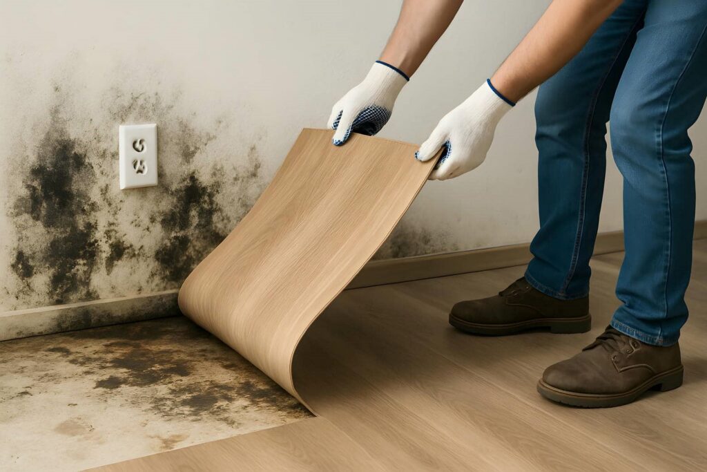 Person lifting damaged laminate flooring to reveal mold on wall and floor underneath.