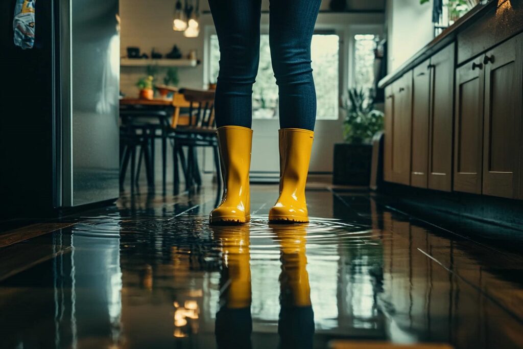 Person wearing yellow rain boots standing in a flooded kitchen with water on the floor.
