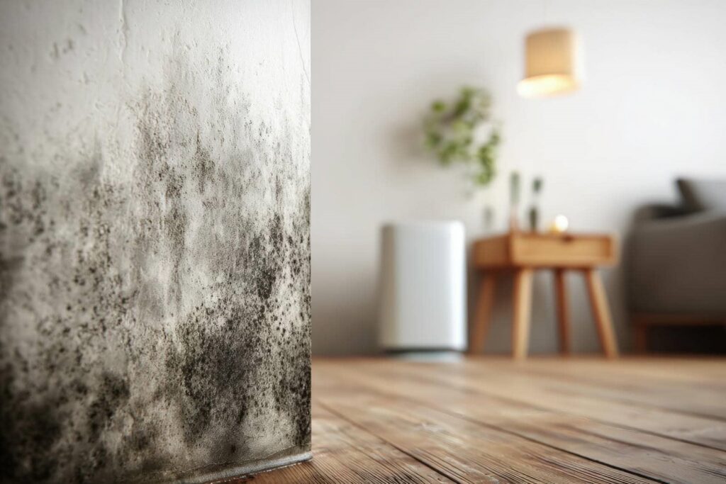 Close-up of mold growth on a white wall corner in a living room with wooden flooring.