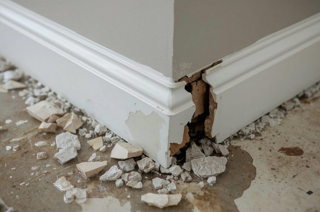 Cracked and broken white baseboard with debris and water on the floor at a wall corner.