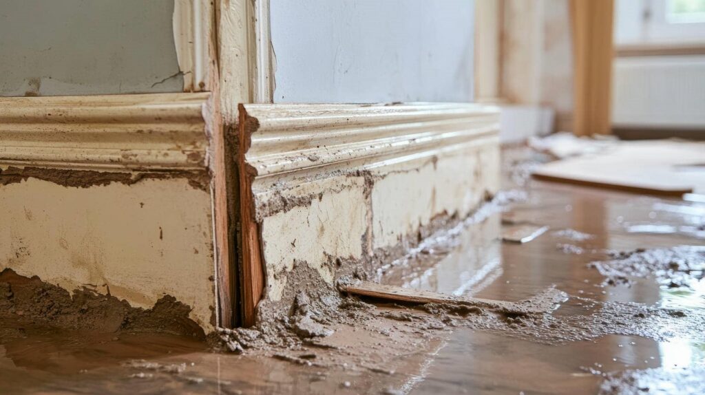 Water-damaged baseboards with mud and debris on a flooded wooden floor.