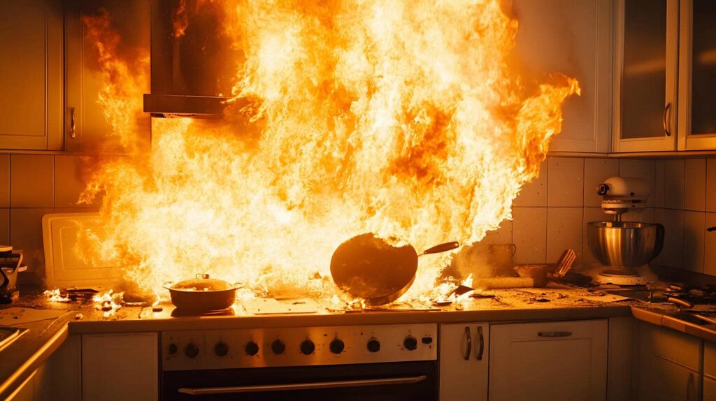 Large kitchen fire with flames engulfing stove and countertop, including a frying pan and pot.