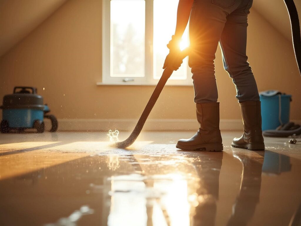 Person vacuuming water off a shiny floor with sunlight streaming through a window.