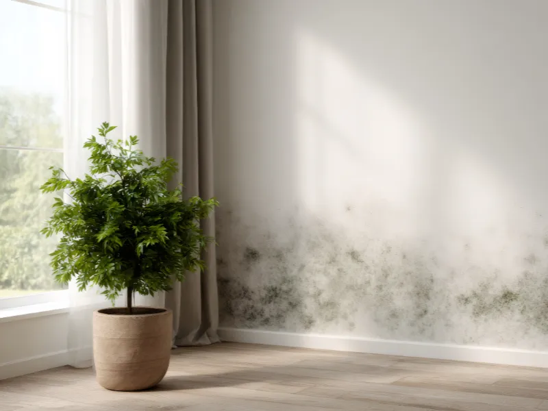Potted plant near a window with mold growing on the lower part of a white wall.