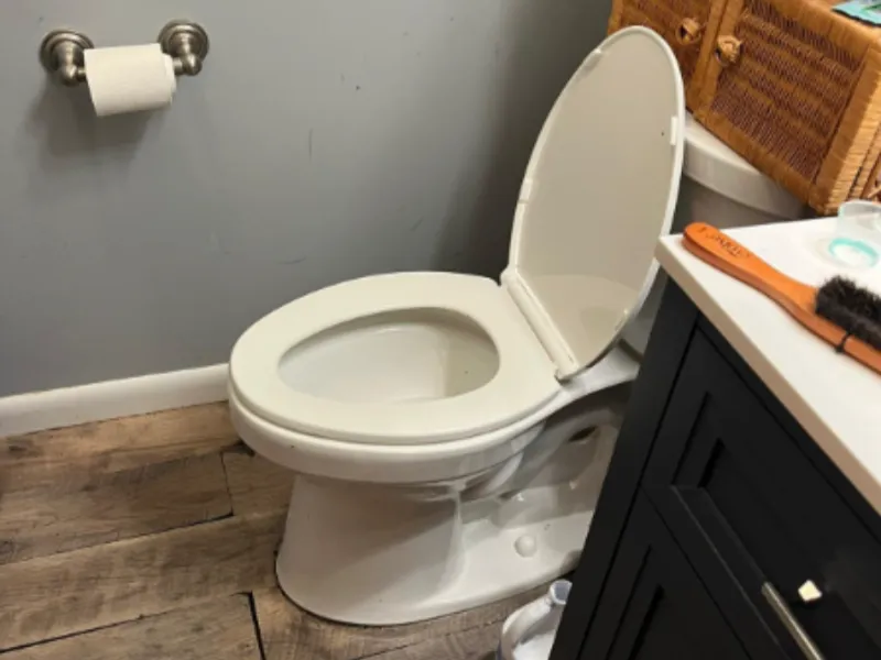 White toilet with open lid next to a black cabinet and toilet paper holder on a gray wall.