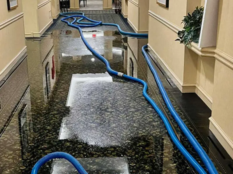 Flooded indoor hallway with blue water hoses laid out on the floor.